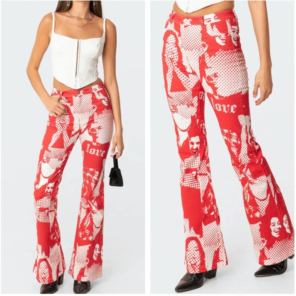 Edikted Andy Printed Flare Jeans Stretch Red Size Small